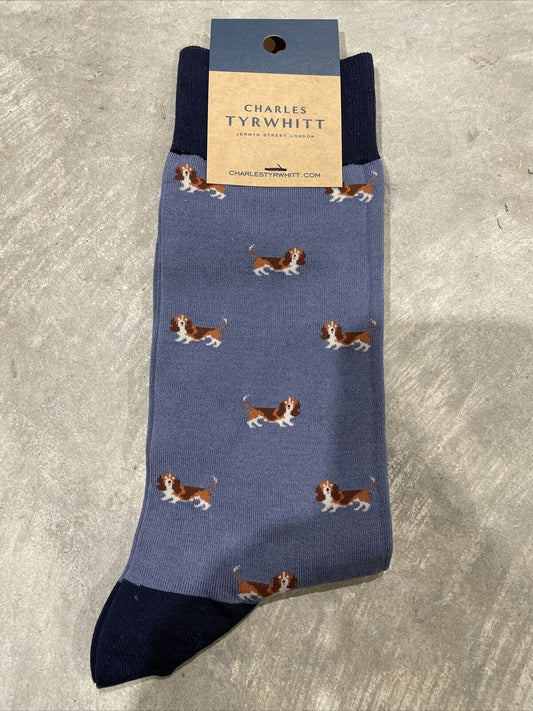 Charles Tyrwhitt Men's Basset Hound Motif Dress Socks TS8 Blue Size 6-10 Dog NWT