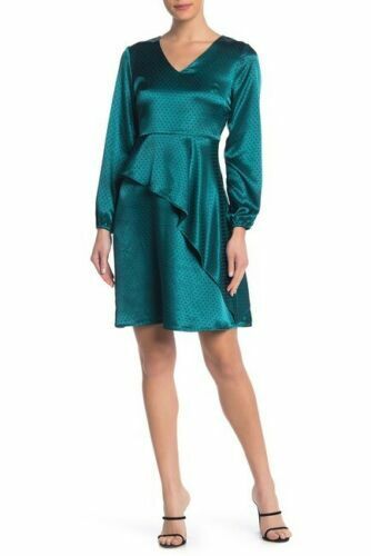 Spense Women 8 Green Satin Ruffle Polka Dot Dress V Neck Christmas Holiday Party