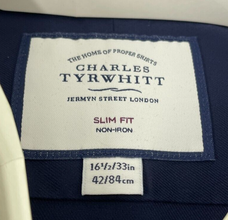 Charles Tyrwhitt Men 16.5/33 Non-Iron Twill Cutaway Slim Fit Dress Shirt Navy