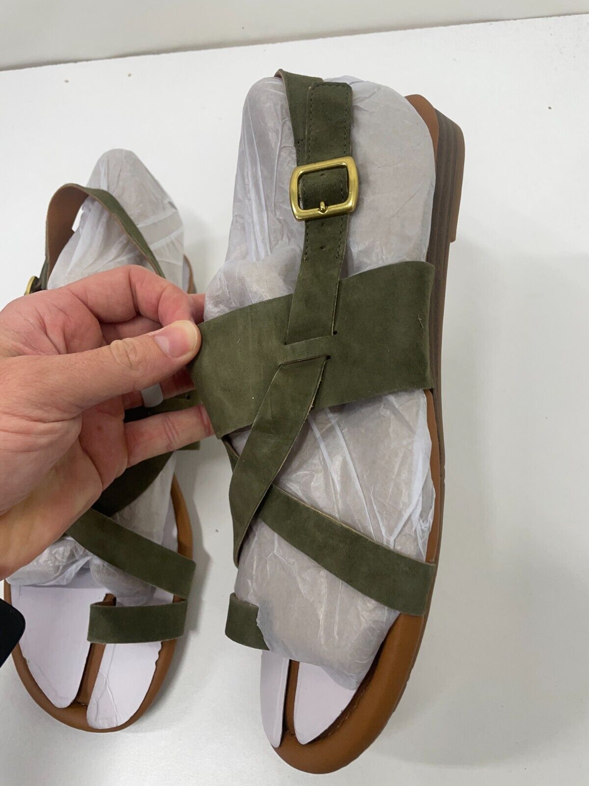 Franco Sarto Womens 9.5 Gia Suede Strappy Sandals Olive Green Toe Loop 290370238