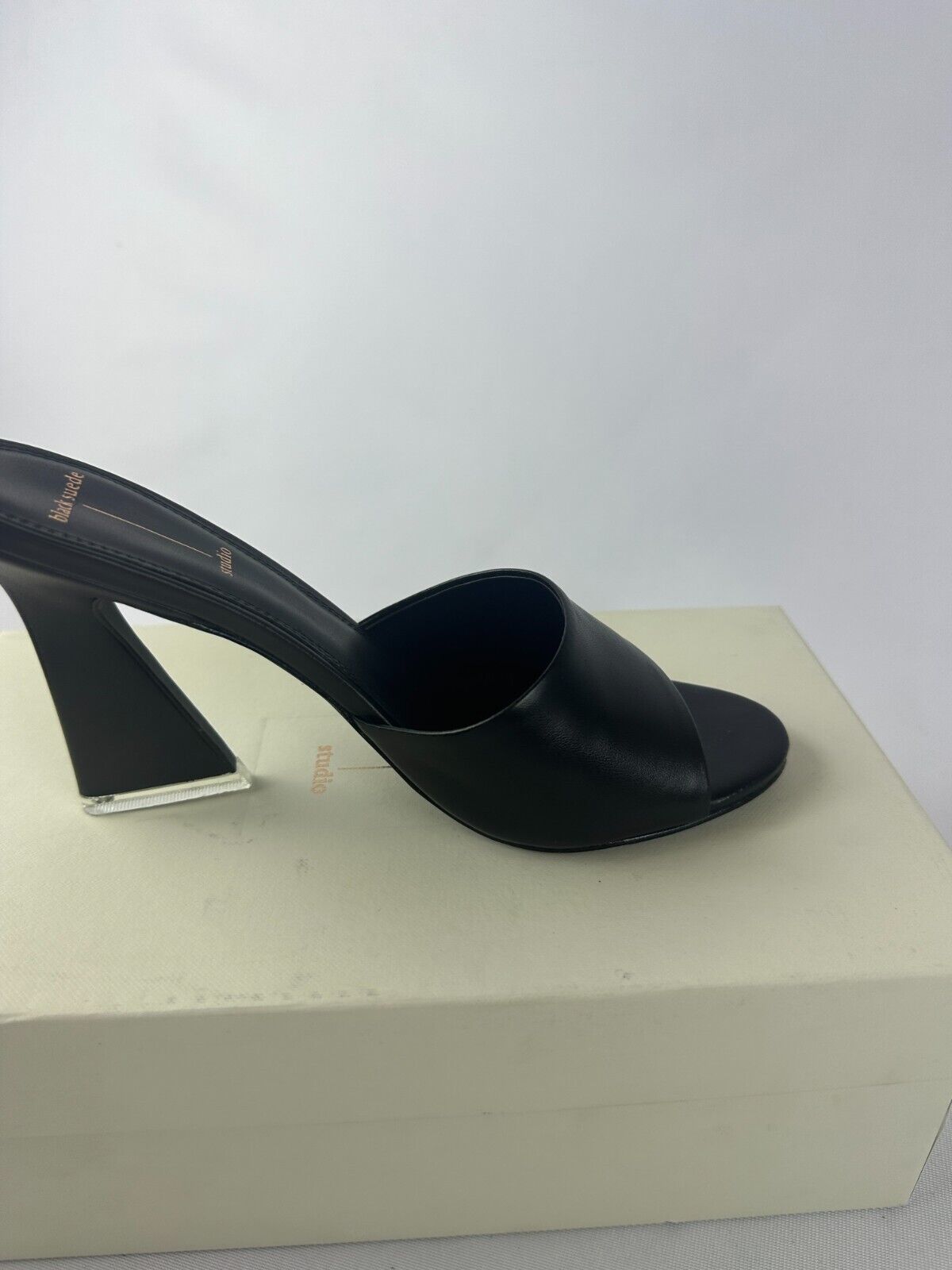 Black Suede Studio Womens 9 Nadya Tilt-Heel Mule Sandals Leather Open Toe