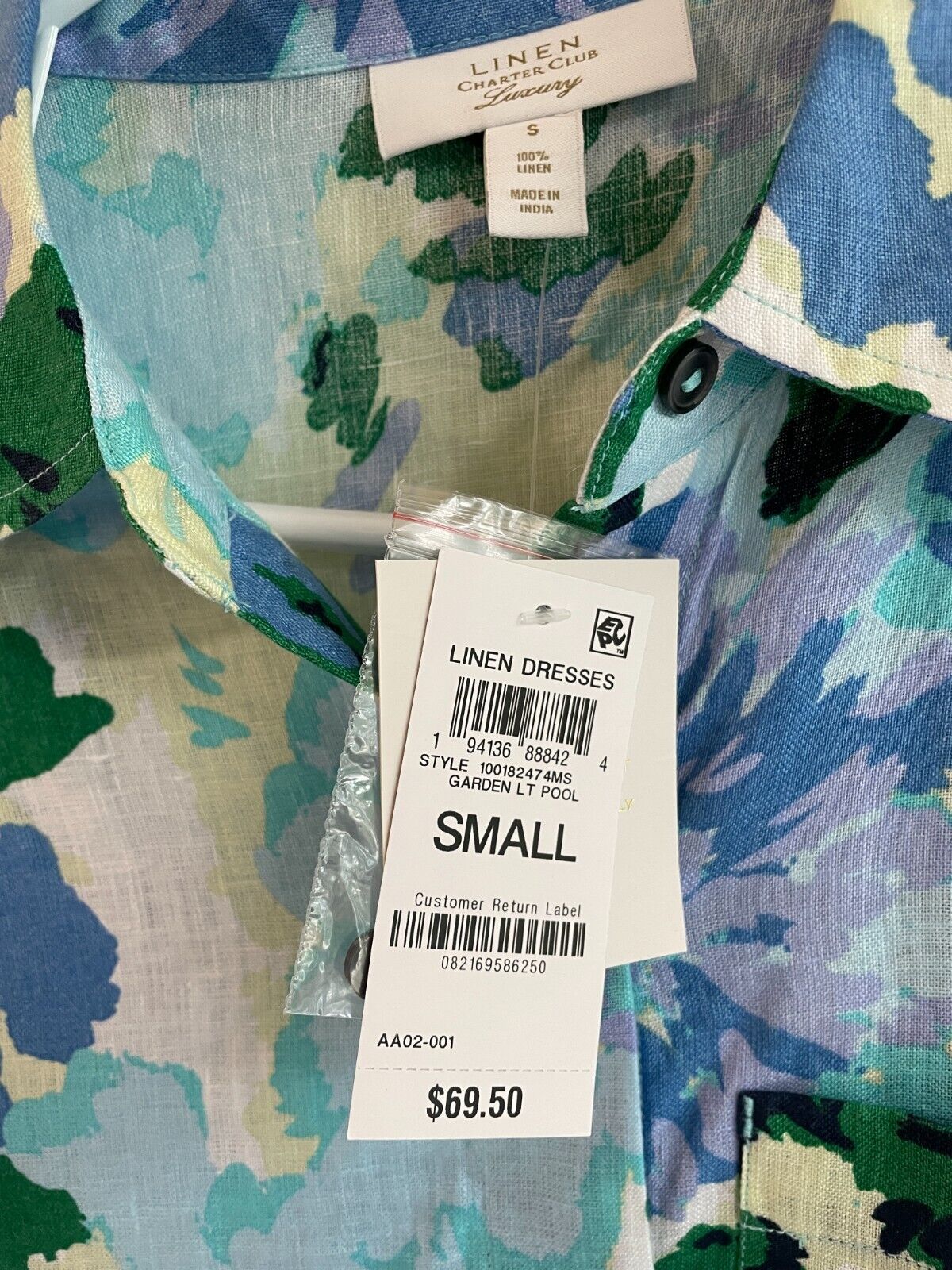 Charter Club Women's S Floral-Print Linen Flounce Hem Mini Dress Light Pool Blue