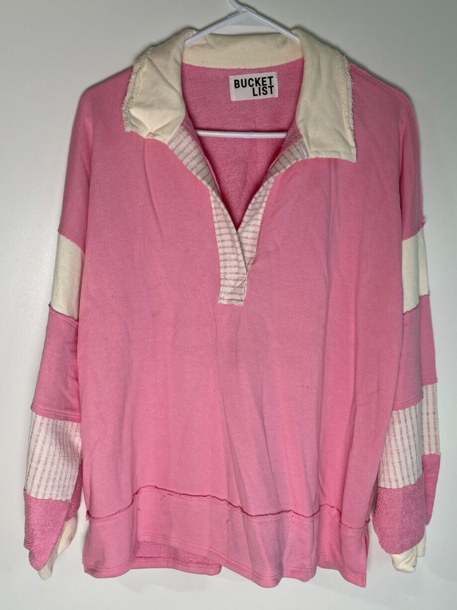 Bucket List Women's S Oversized Colorblock Collared Cotton Sweatshirt Pink T2004