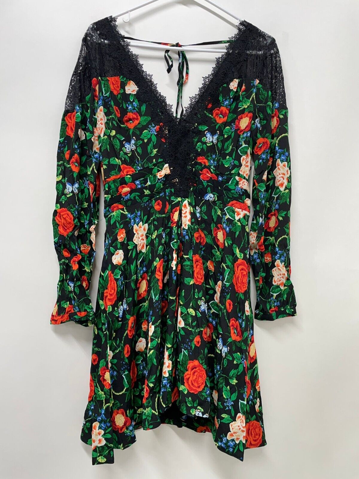 Anthropologie Womens 6 Lacy V Neck Mini Dress Long Sleeve Floral Lace Black Boho