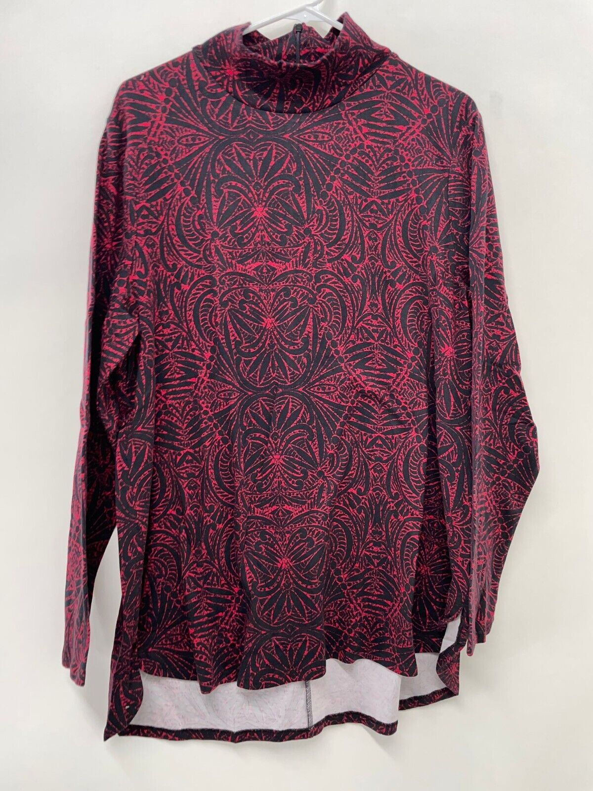Chico's Womens 3 Pima Geo Print Mock Neck Tunic Top Red Black Long Sleeve