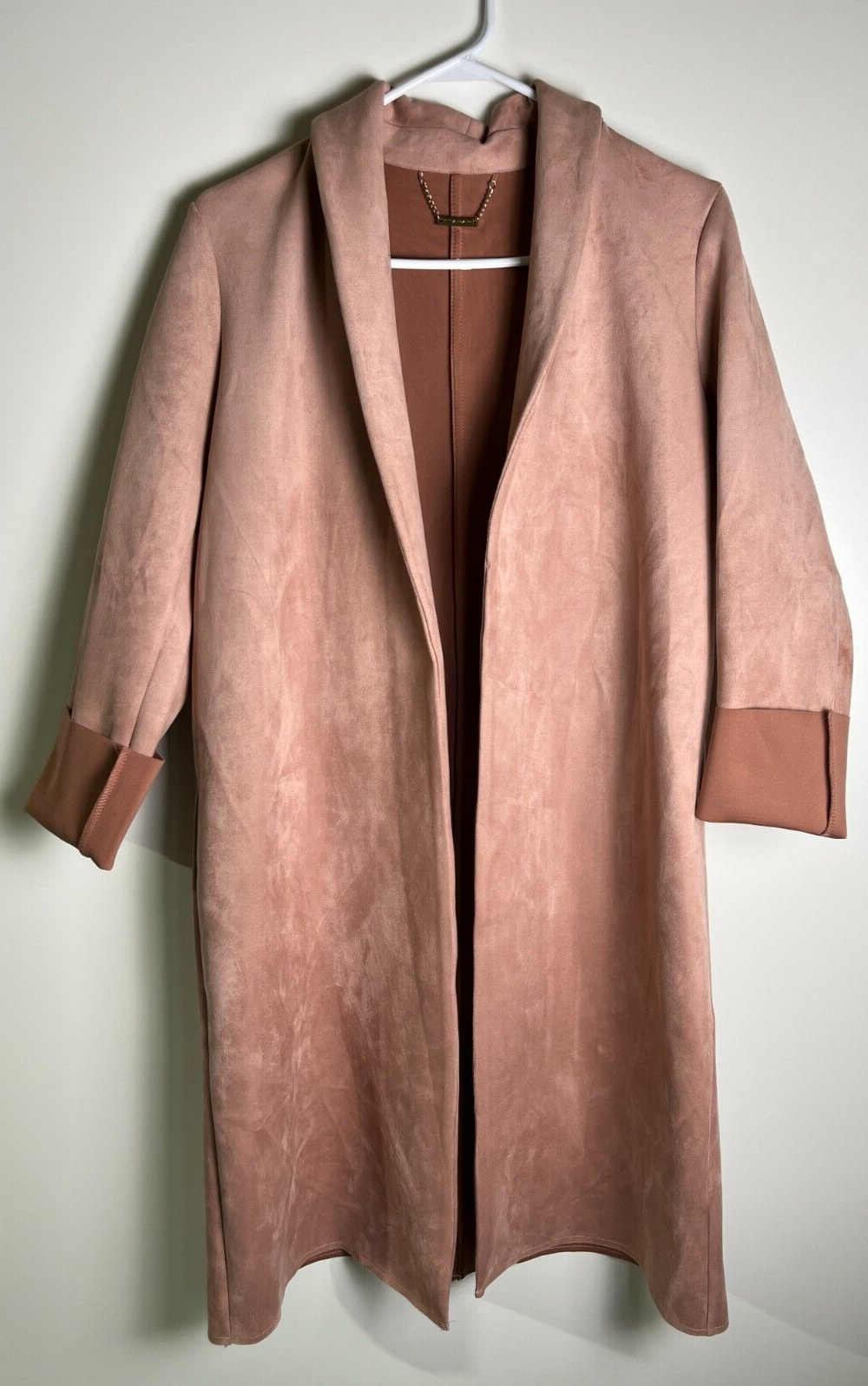 T Tahari Women's M Faux Suede Open Front Overcoat Jacket Pink Shawl Collar