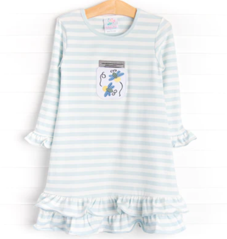 Stitchy Fish Kids Girls 6 Lightning Bug Lantern Dress Blue Striped Ruffled Hem