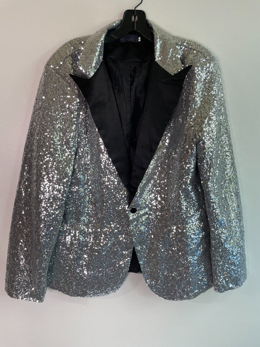Mens L Sequined Shiny Shimmer One-Button Suit Blazer Jacket Silver Lined The Man