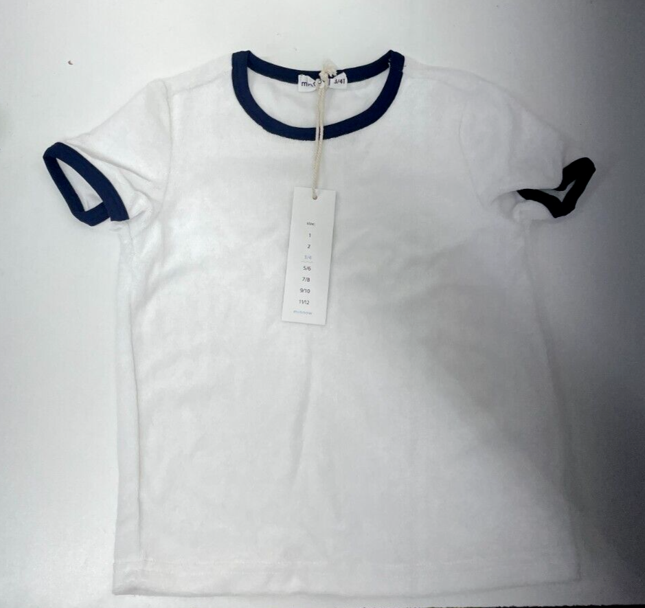 Minnow Kids Unisex 3/4T French Terry Camp Tee T-Shirt White Blue Short Sleeve