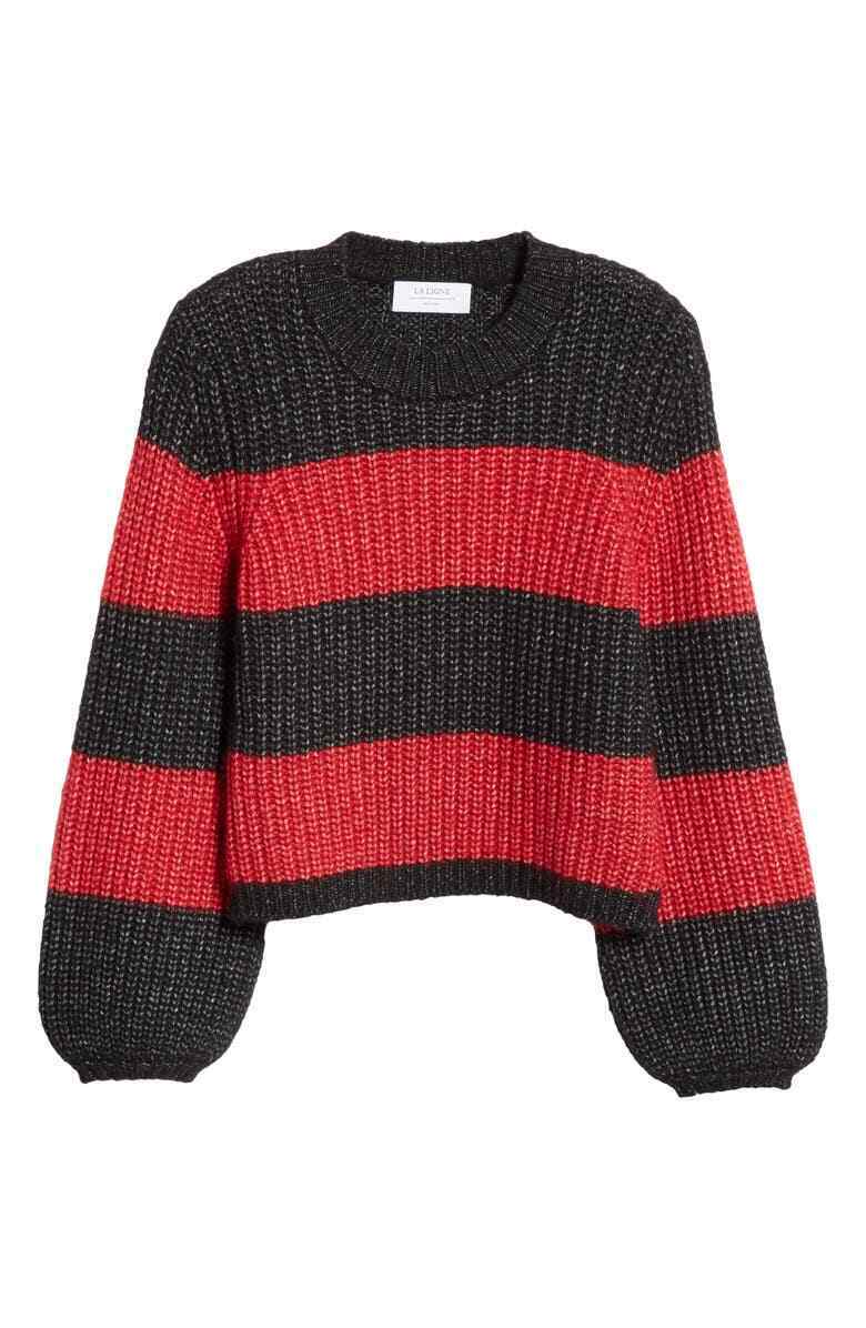La Ligne Women S Red Black Knit Colorblock Balloon Sleeve Crop Sweater Mock Neck