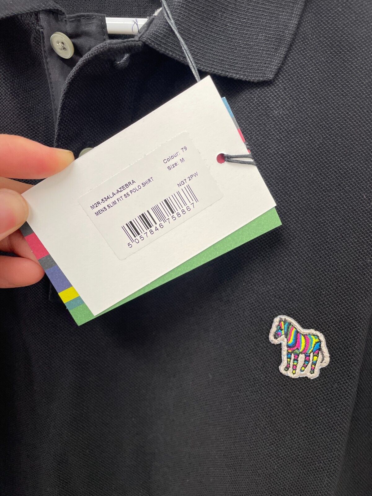 Paul Smith Mens M Slim Fit Short Sleeve Zebra Rainbow Logo Polo Shirt Black