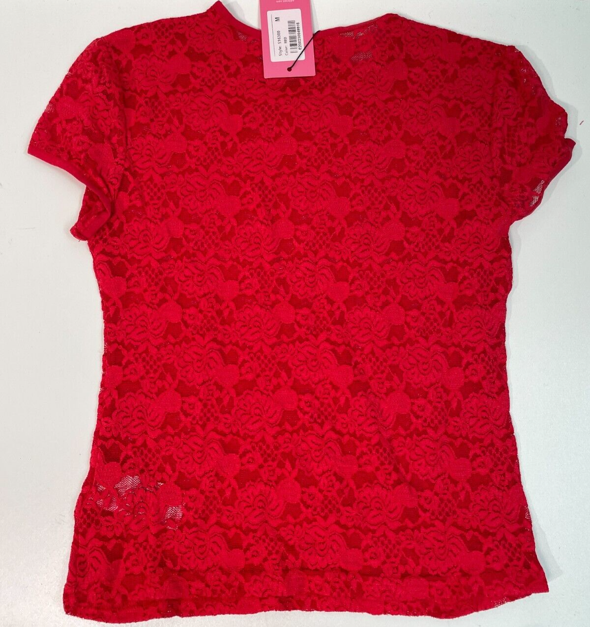 Edikted Women's M Kaori Sheer Lace T-Shirt Red Short Sleeve Stretchy S16300