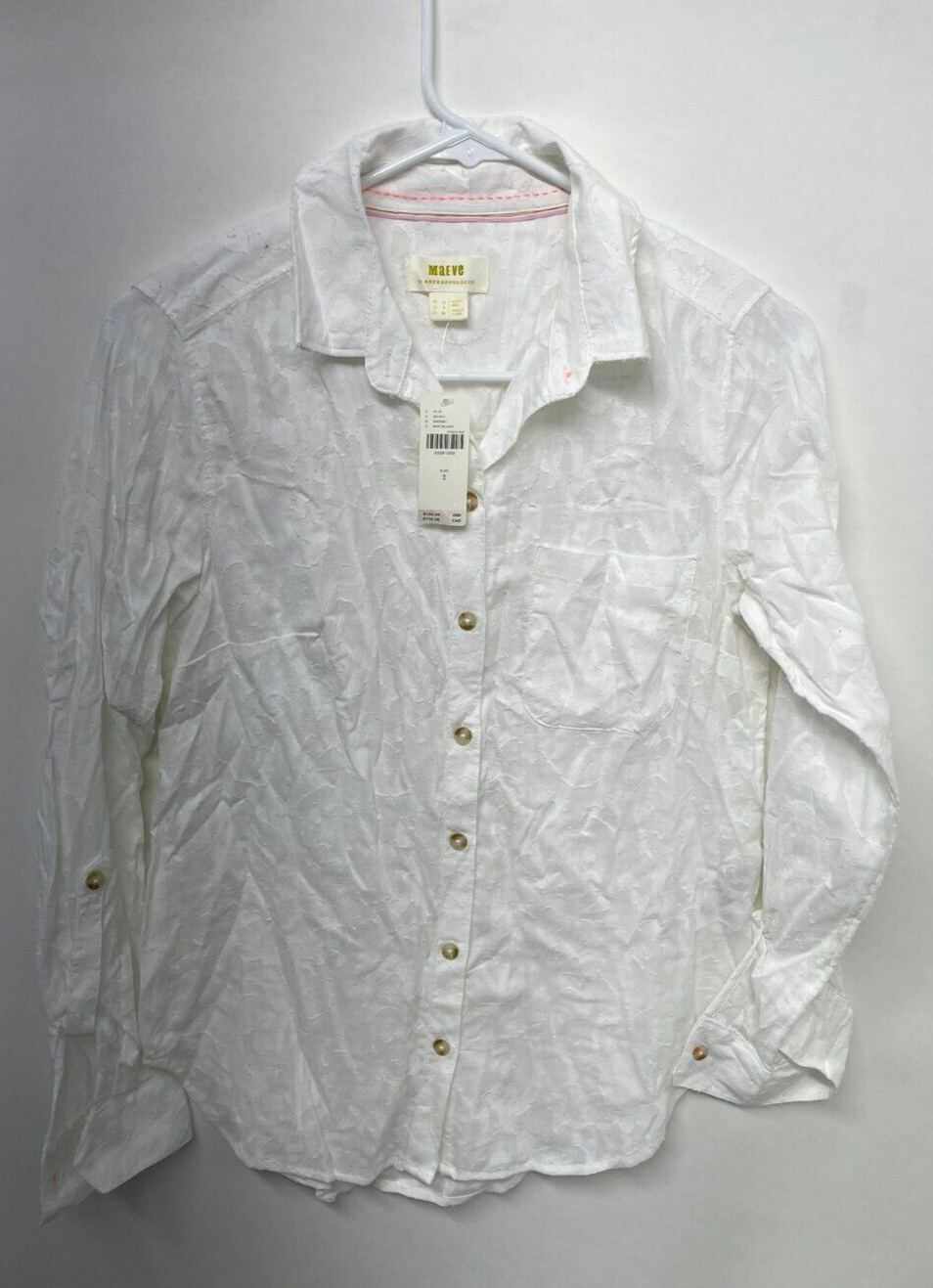 Maeve anthropologie Womens 2 Button Down Shirt Long Sleeve White Burnout