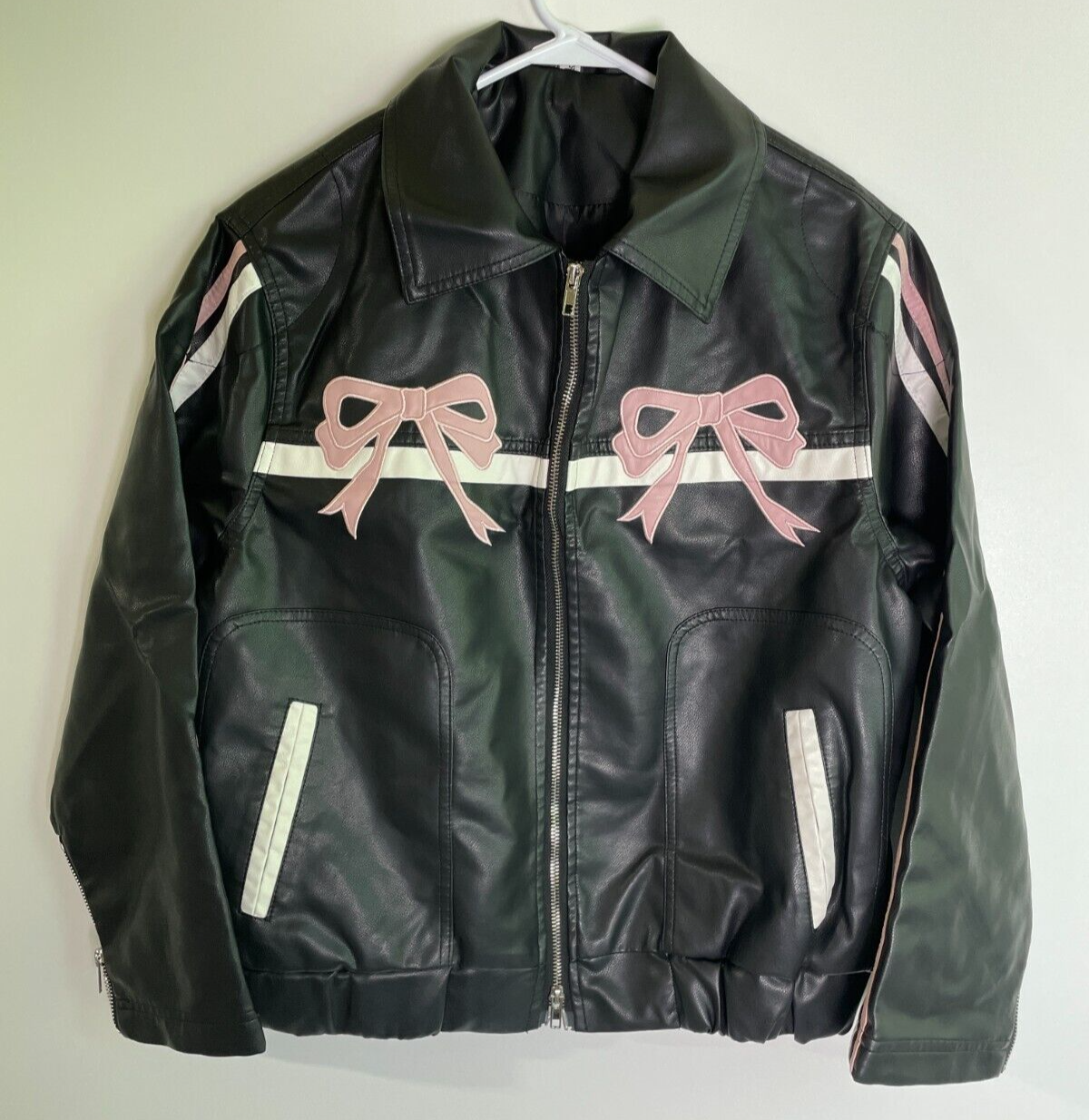 Women's S Pink Bow Faux Leather Full Zip Bomber Jacket Black Oversized Kawaii