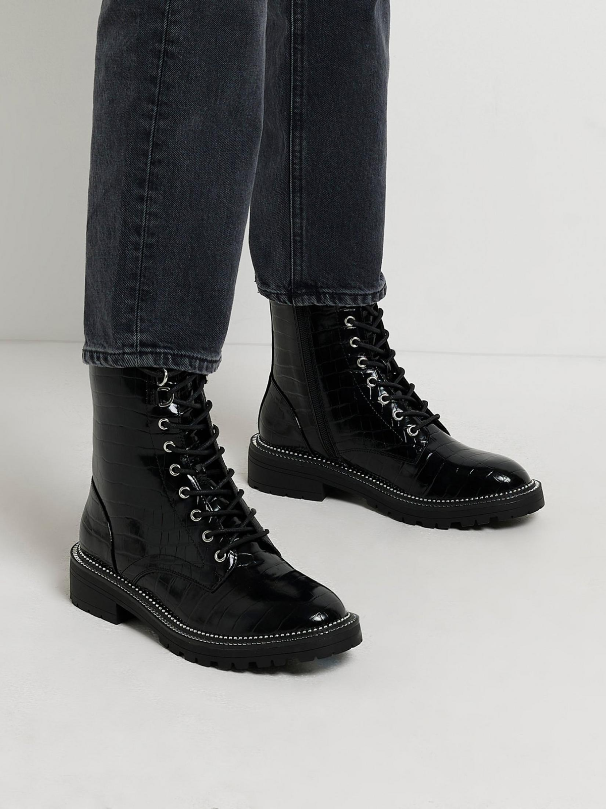 River Island Womens 6 Wide Fit Silver Rand Lace Up Boot Black Aliigator Biker
