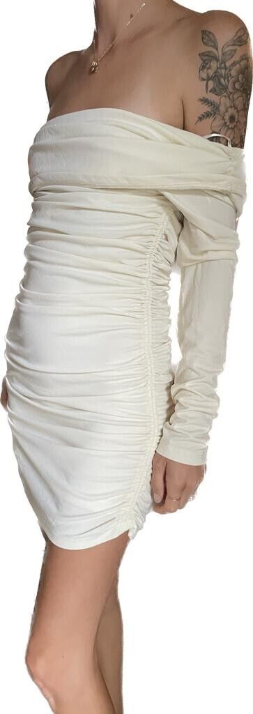 Zara Womens S Off Shoulder Short Mini Dress w/ Ruching 3067/320 Oyster White