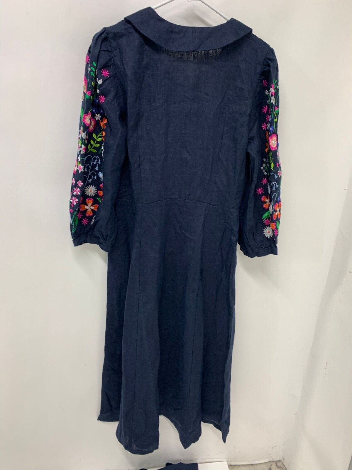 Vyshyta Womens L Cottagecore Linen Embroidered Dress Navy Ukranian Midi Belted