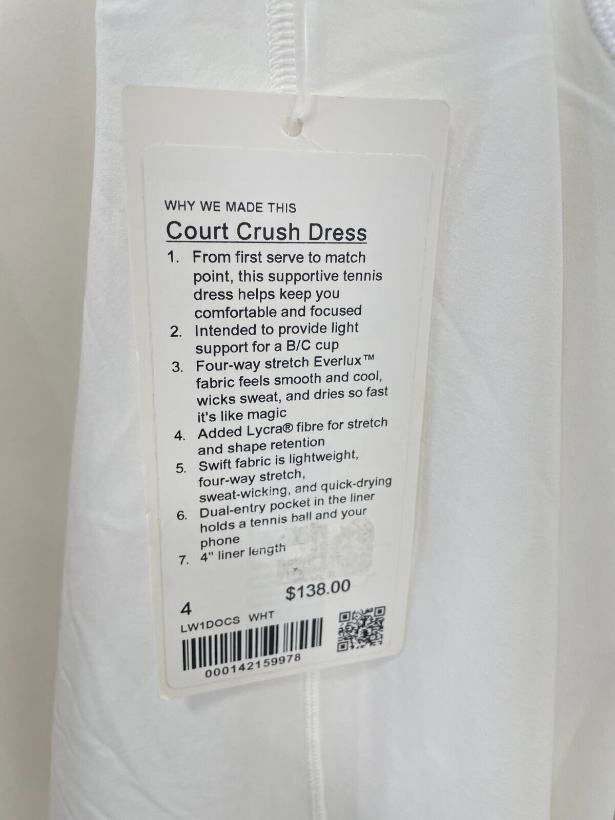 Lululemon Womens 4 Court Crush Tennis Dress White Built-in Bra Mini Fit & Flare