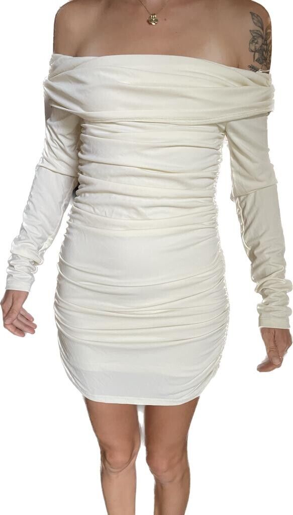 Zara Womens S Off Shoulder Short Mini Dress w/ Ruching 3067/320 Oyster White