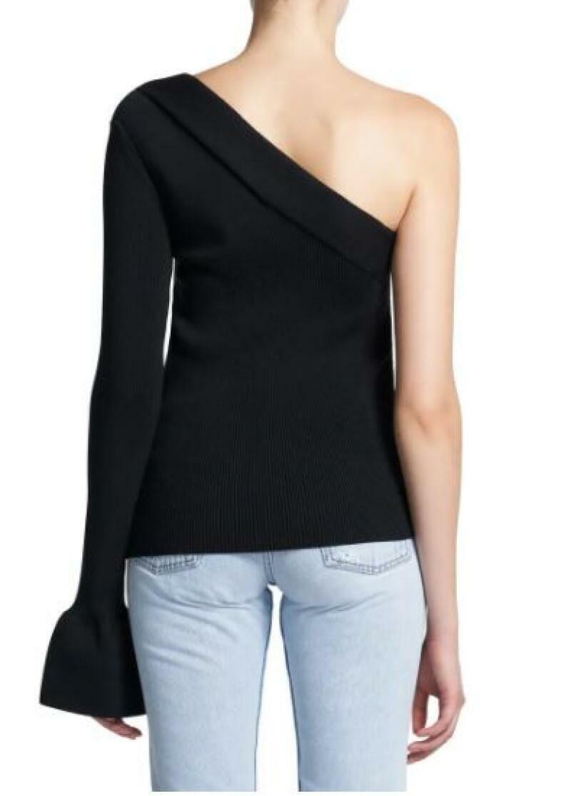 Theory Womens S Black Ribbed One-Shoulder Sweater Paneled Bell Sleeve Top