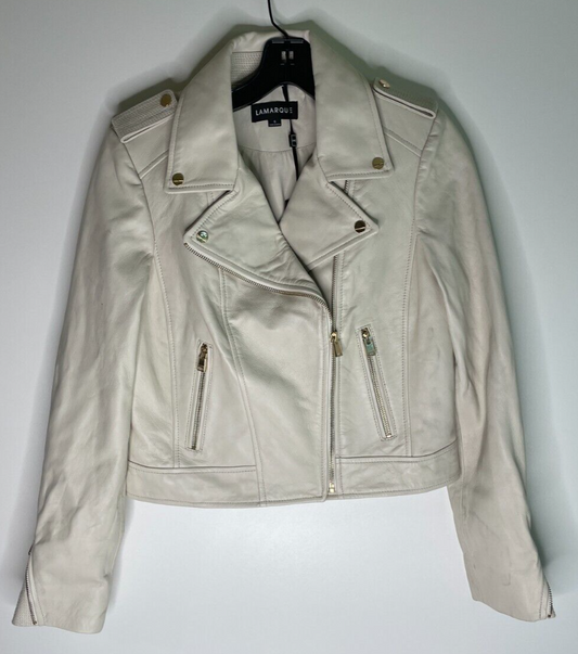 Lamarque Womens S Donna Iconic Leather Biker Jacket Ivory Zippered Sleeves