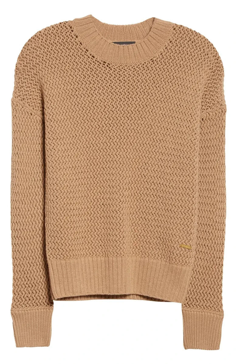 St John Collection Womens S Open Knit Wool Sweater Camel Tan Pullover