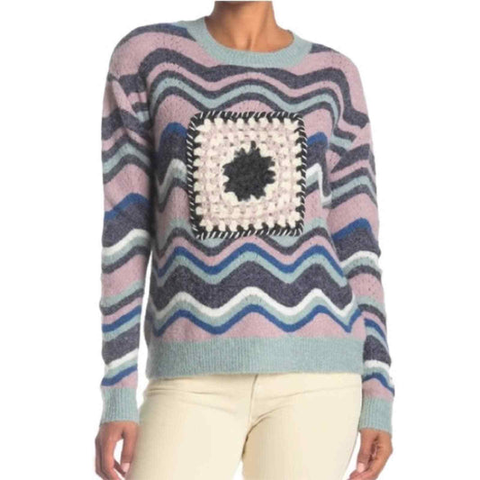 Boundless North Womens M Crochet Patched Zig Zag Sweater Cozy Pullover Fuzzy
