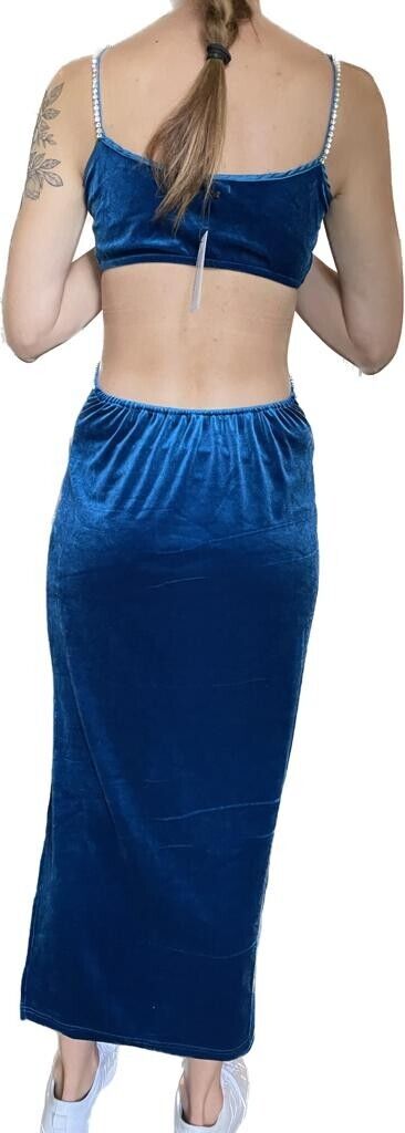 Nasty Gal Womens 6 Velvet Diamante Trim Cut Out Midi Dress Blue High Slit Party