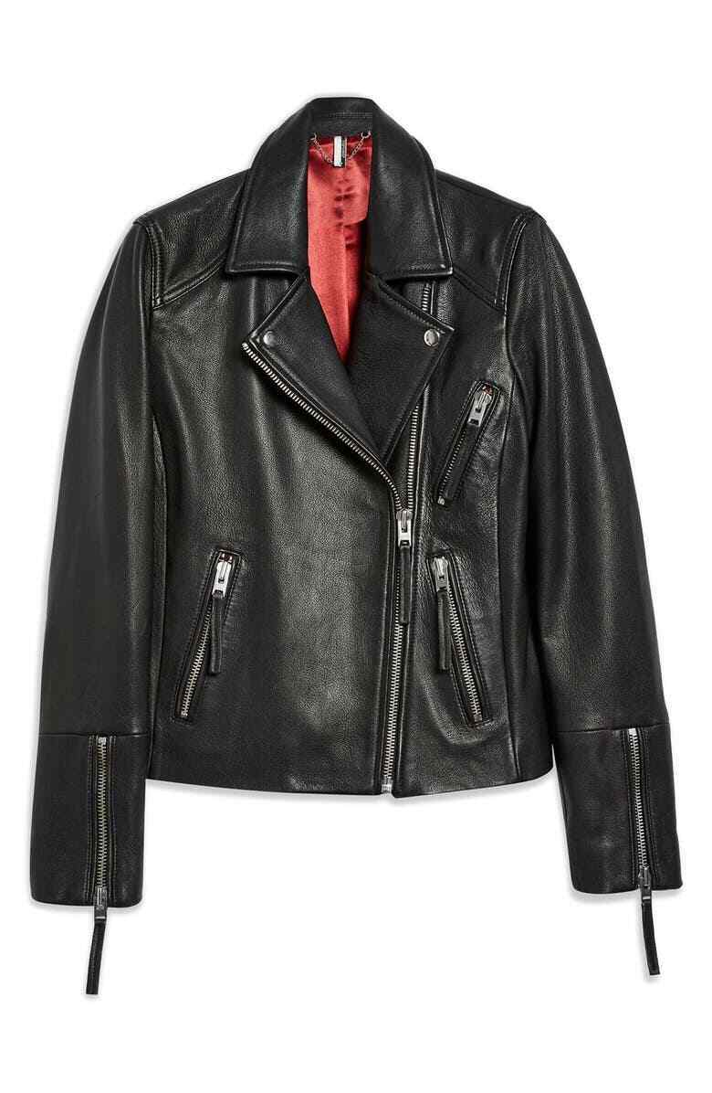 Topshop Womens 4 Black Dolly Leather Biker Jacket Moto Zip Up NWT