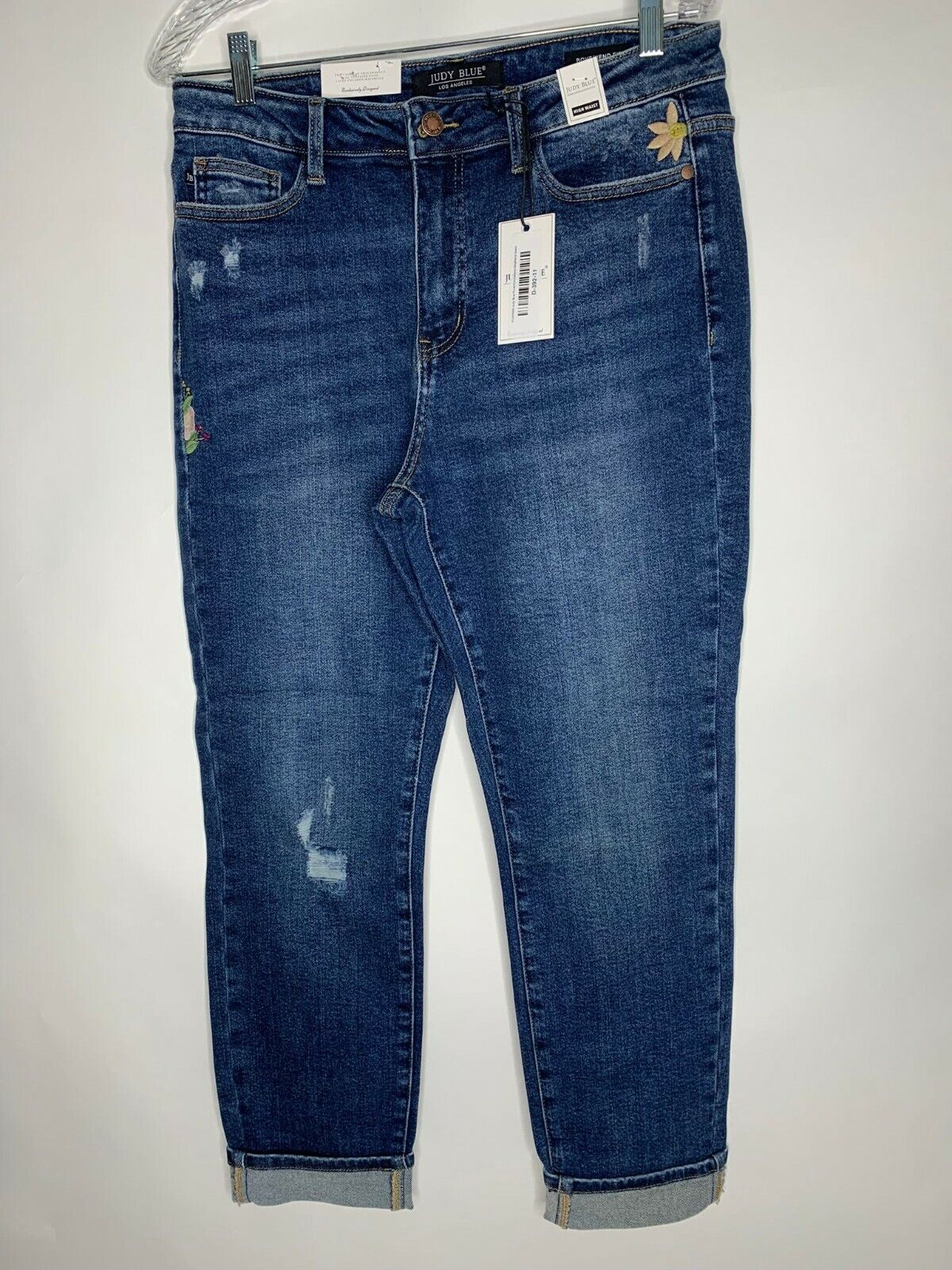 Judy Blue Womens Dark Wash Floral Embroidered Boyfriend Jeans High Rise