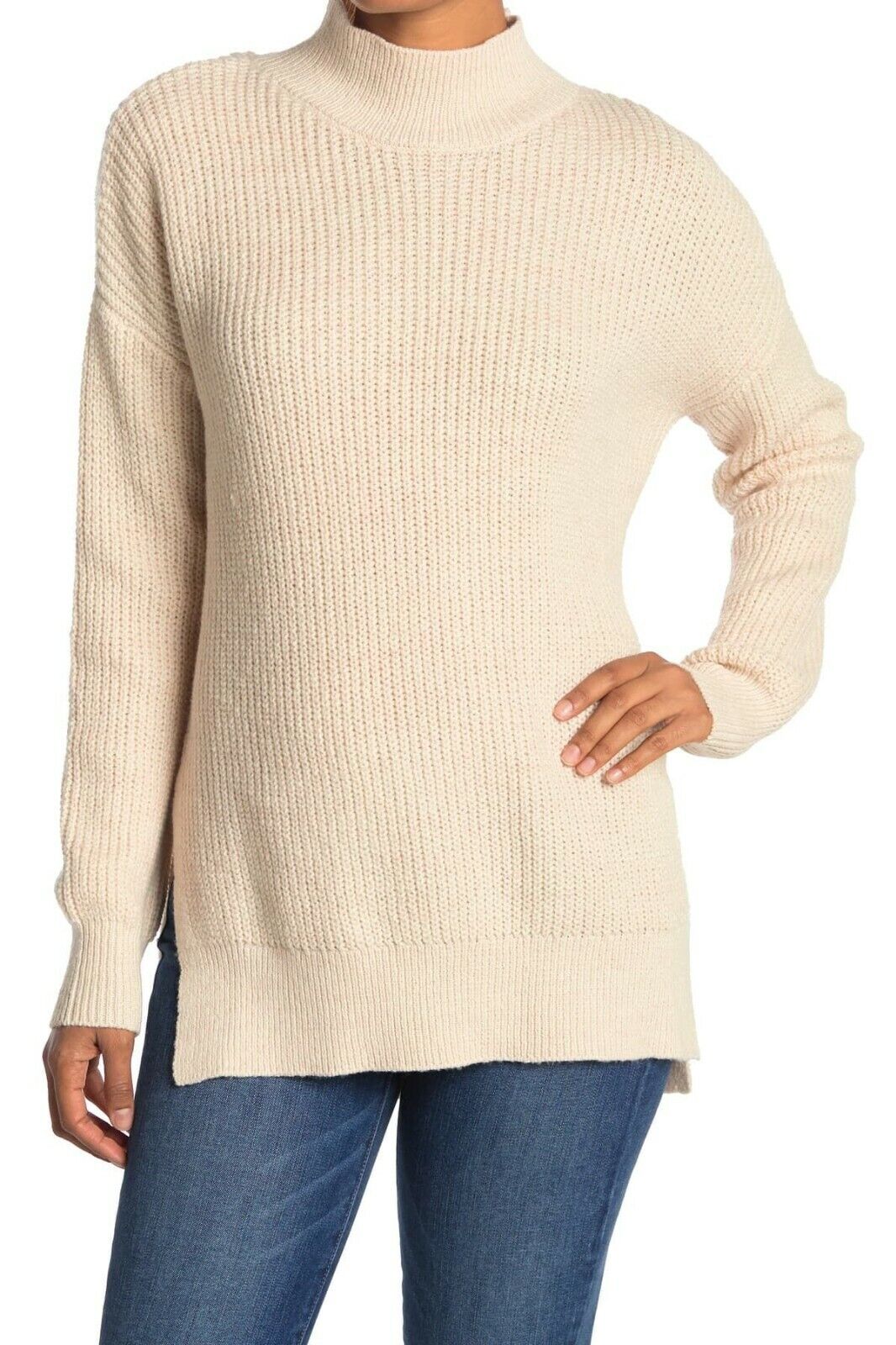 Abound Womens S Beige Oatmeal Light Heather Cozy Mock Neck Dolman Tunic Sweater