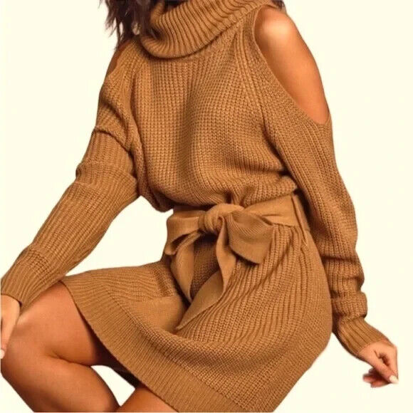 Lulu's Womens M Sweet Demeanor Long Sleeve Cold Shoulder Sweater Mini Dress