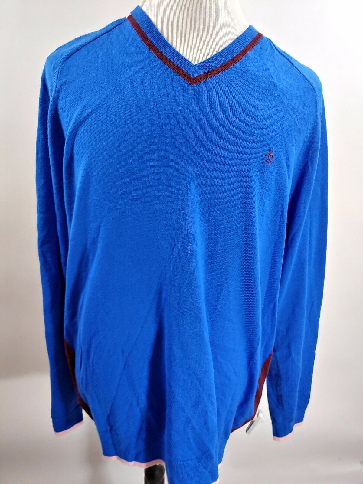 Original Penguin Mens XXL Turkish Blue V Neck Knit Pullover Sweater Merino Wool