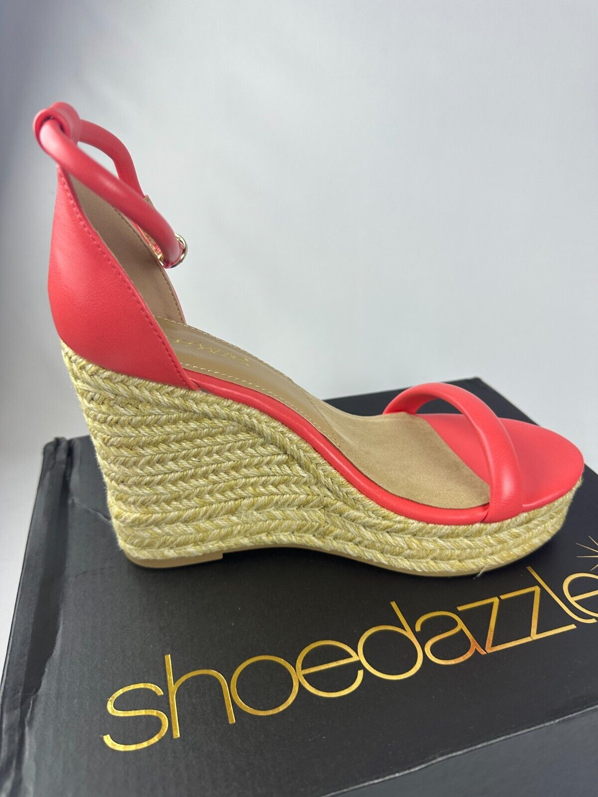 ShoeDazzle Womens 8 Jenna Buckle Hot Coral Espadrille Wedges Sandals Heels