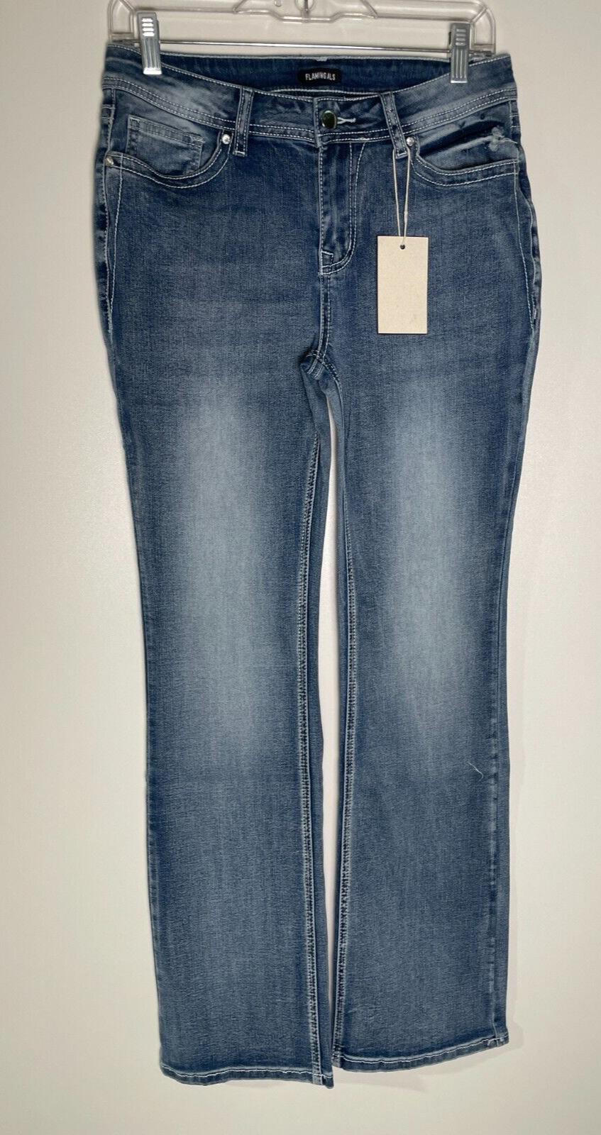 Flamingals Women's 4 Wash Embroidery Pocket Back Mid Rise Bootcut Jeans Mid Blue
