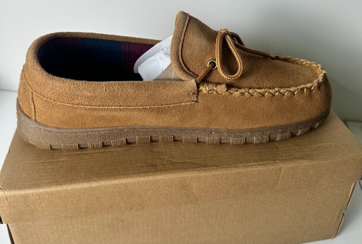 Pinpochyaw Men's 10 Suede Indoor Outdoor Moccasin Slippers Chestnut Brown JH042