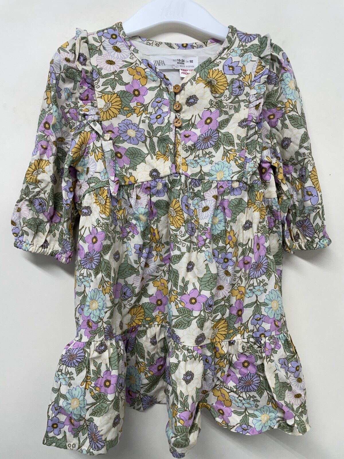 Zara Kids Girls 18-24M Gathered Dress with Flowers V-Neck Long Sleeve 6195/148