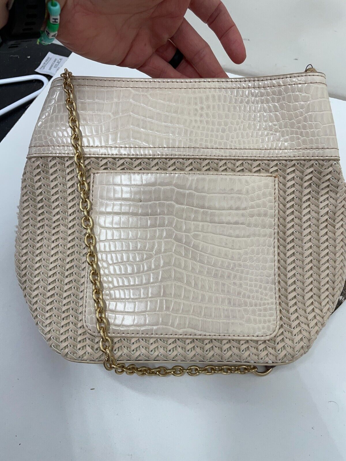 Sondra Roberts Womens Squared Ivory Woven Vegan Leather Purse Bucket Handbag