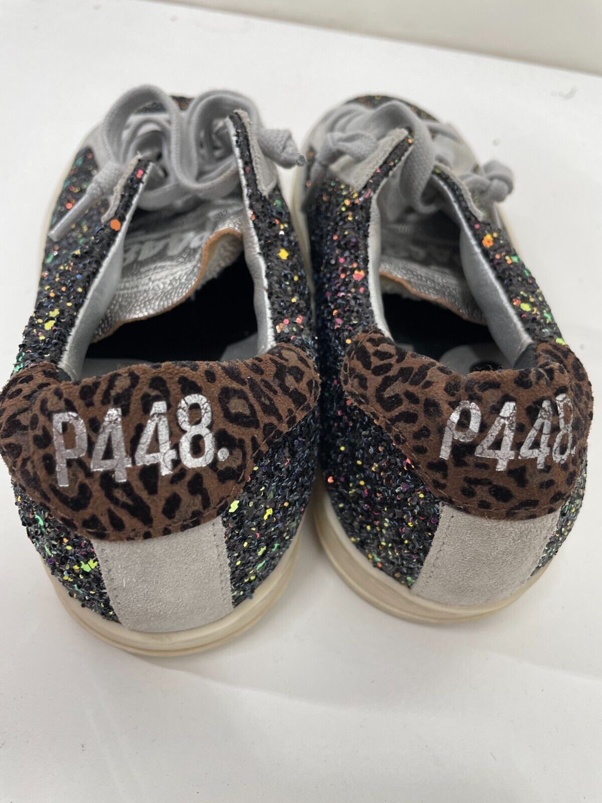 P448 Womens 36 John Glitter Melange Low Top Sneaker Black Gray Leather Shoes