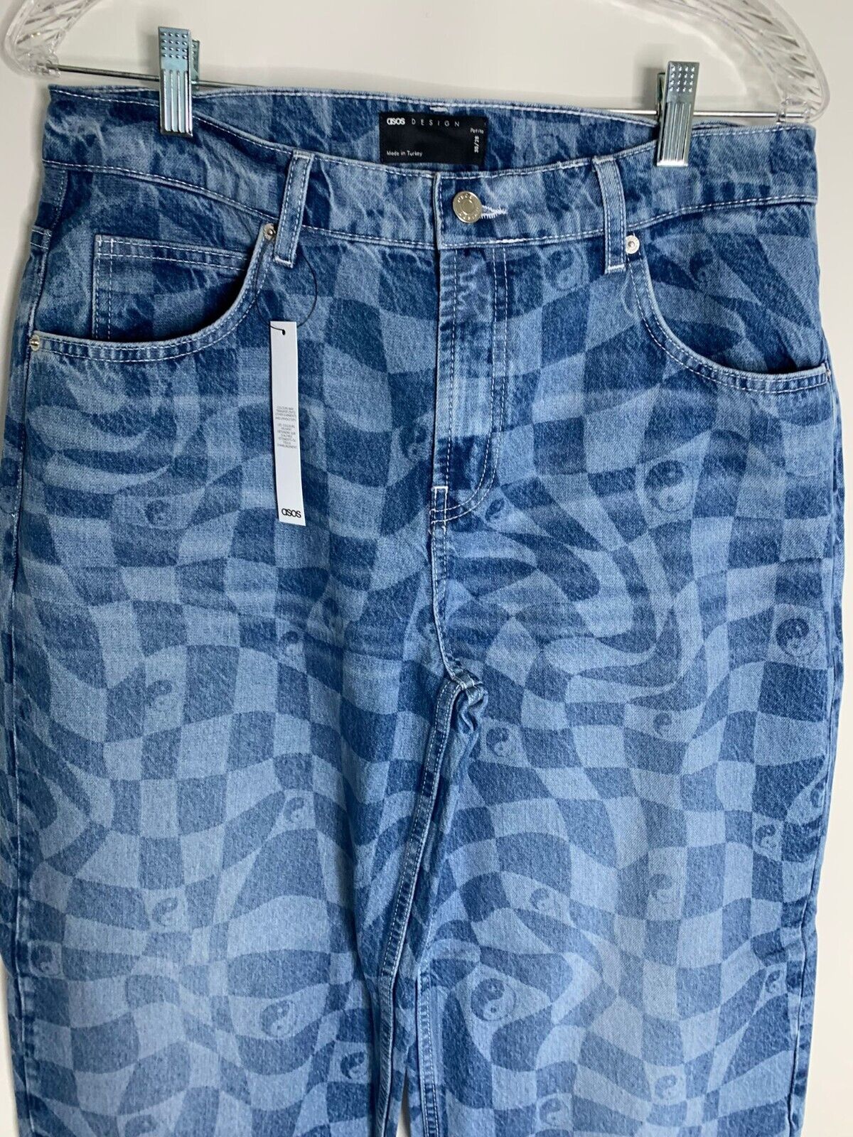 ASOS Design Women 30 Petite Oversize Skater Jean Psychedlic Laser Print 90s Blue