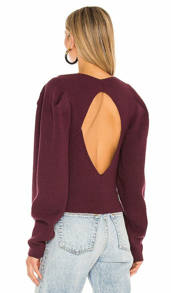 Free People Womens M Saffron Top Open Back Sweater Pomegranate Wine Puff Sleeve