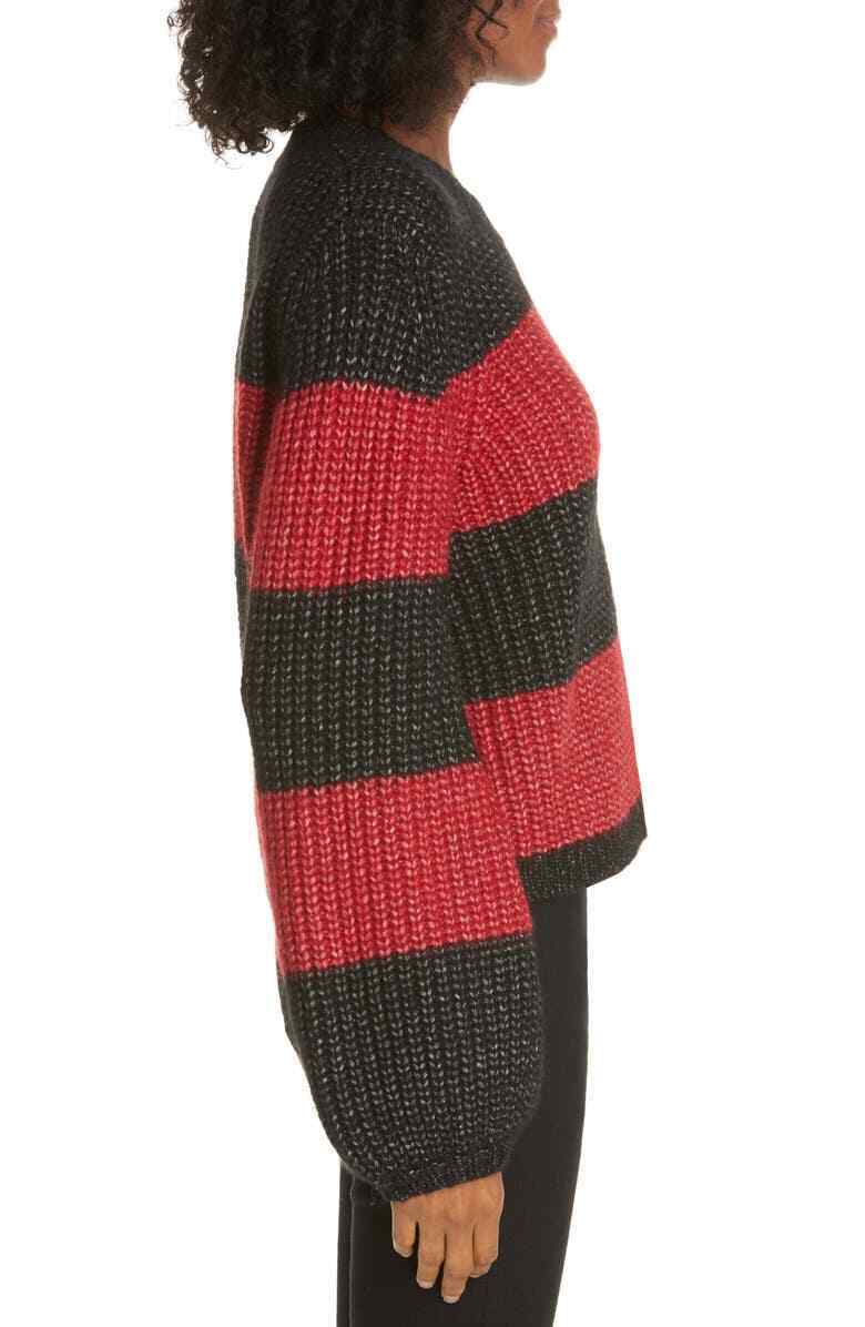 La Ligne Women S Red Black Knit Colorblock Balloon Sleeve Crop Sweater Mock Neck