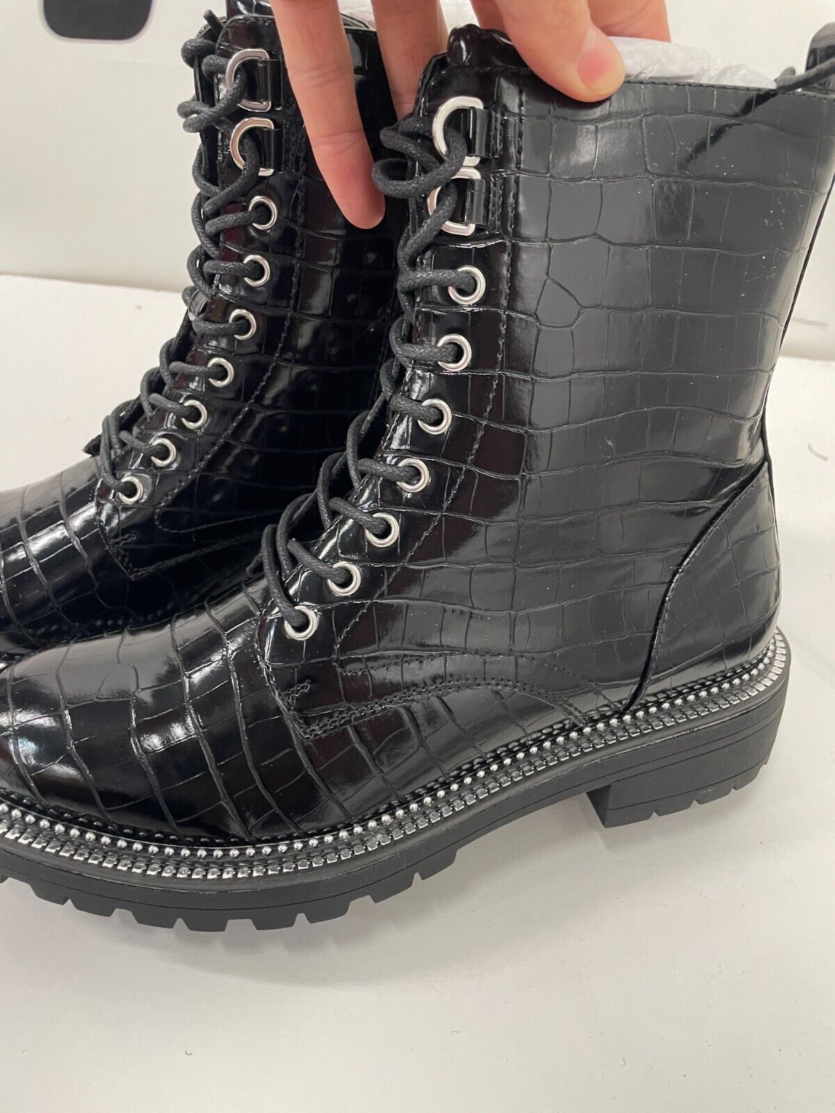 River Island Womens 6 Wide Fit Silver Rand Lace Up Boot Black Aliigator Biker