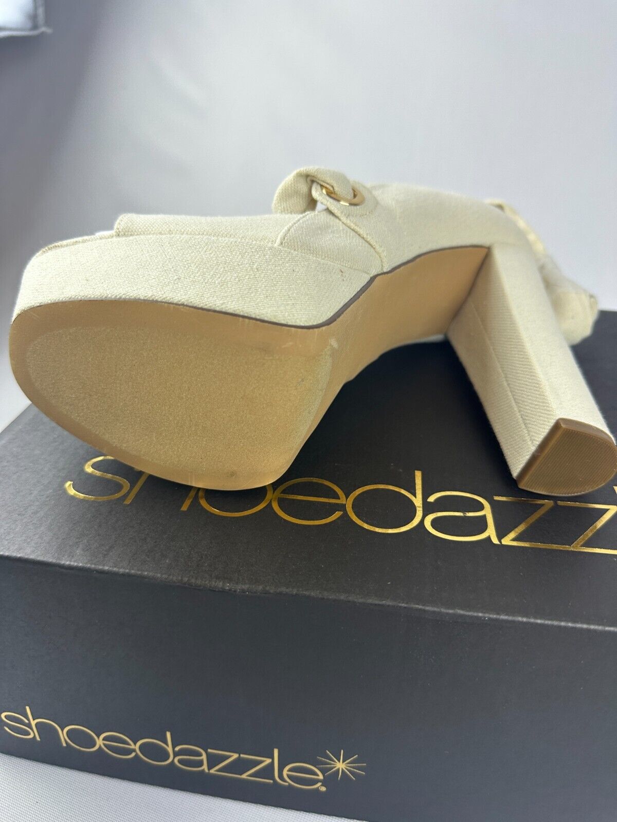 ShoeDazzle Womens 9 Takkara Natural Linen Platform Block Heels Open Toe