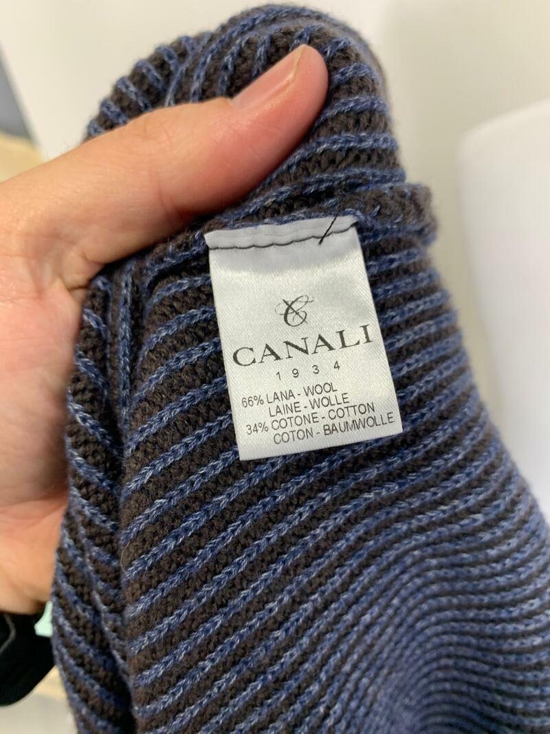 Canali Mens 56 Brown Navy Ribbed Merino Wool and Cotton Crewneck Sweater Italy