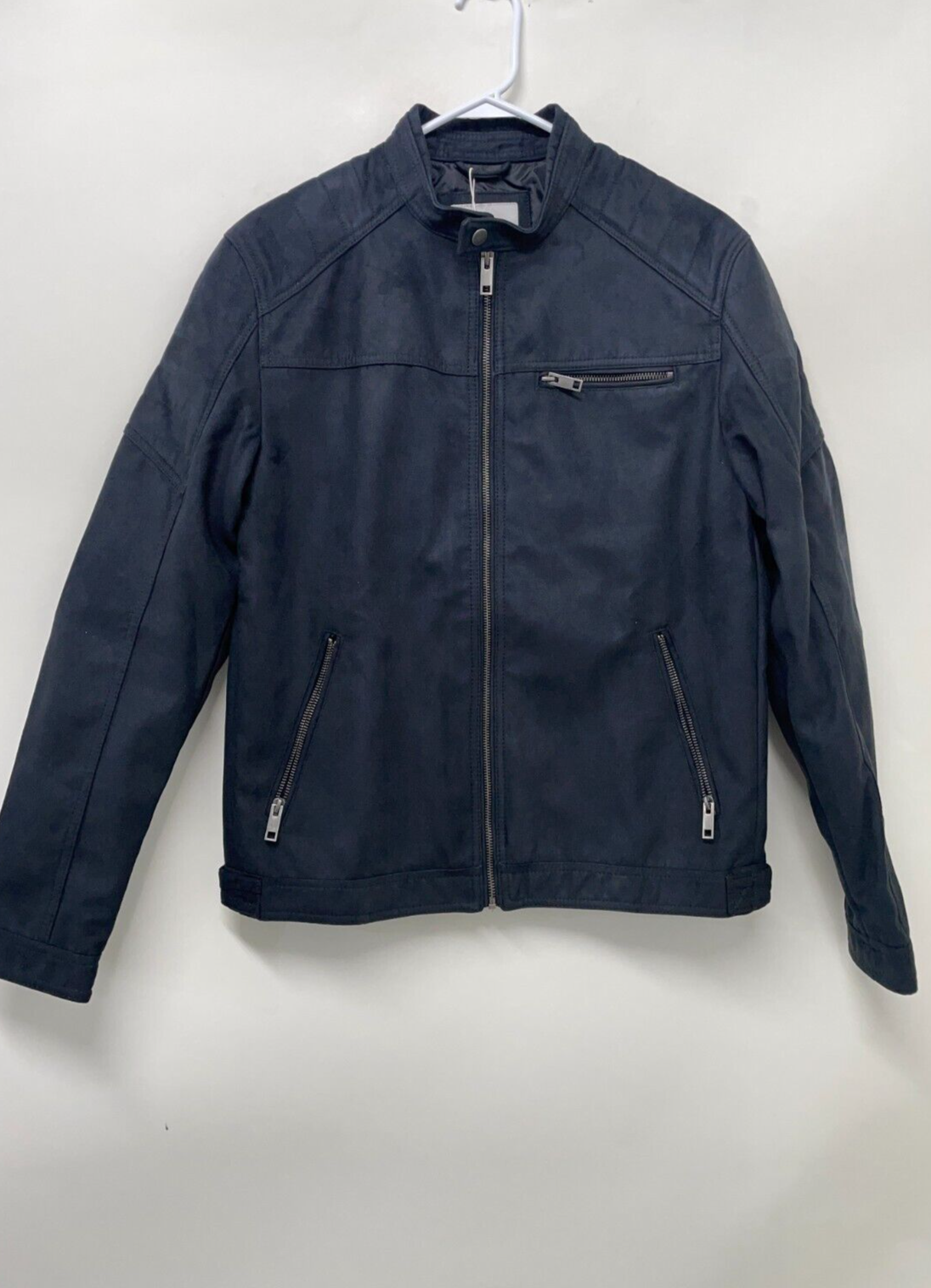 Jack & Jones Mens L JJEROCKY Jacket Jet Black Faux Suede Biker Vegan Moto Bomber