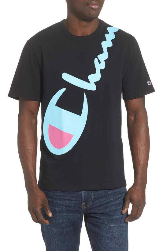 Champion Brand Mens S Black Heritage Diagonal Script Logo T-Shirt Vice Miami NWT