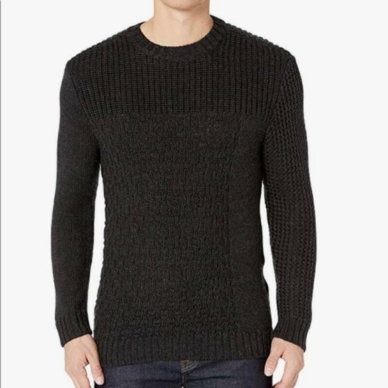 BLDWN Baldwin Mens L Charcoal Black Tierney Crew Neck Wool Sweater Cable Knit