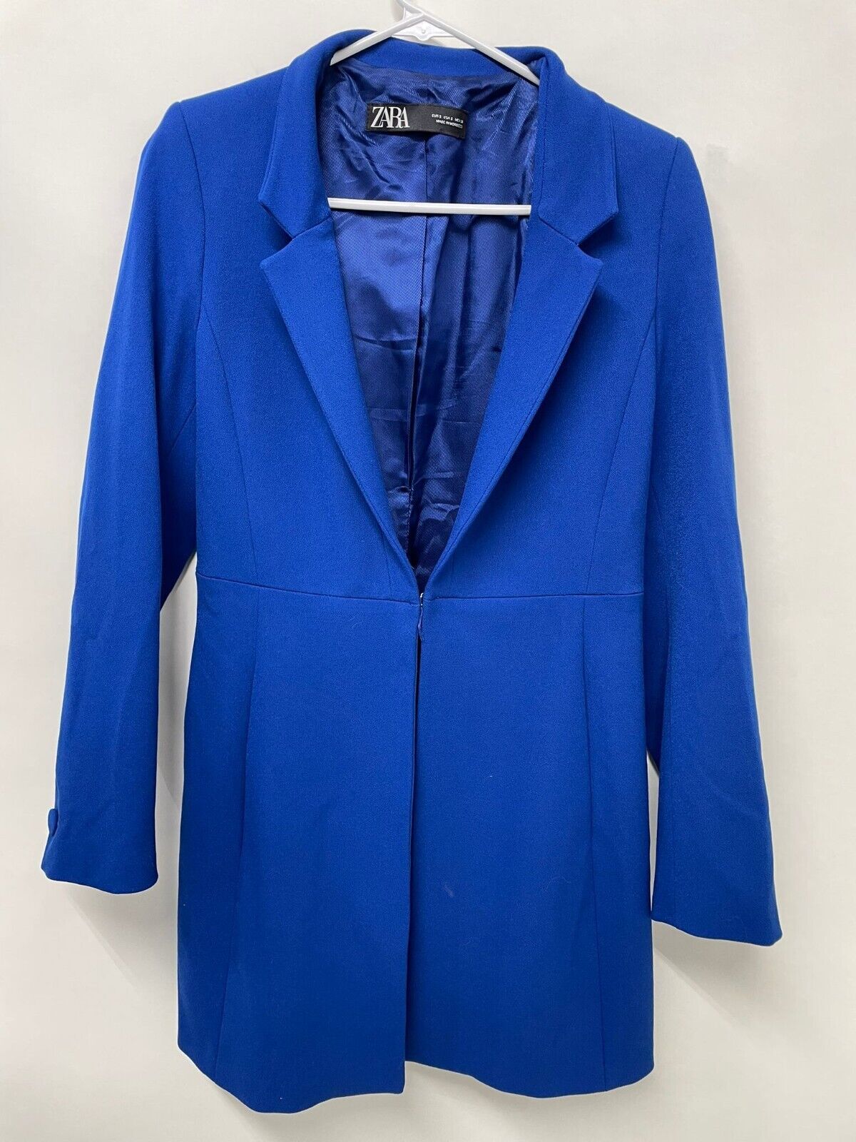 Zara Womens S Inverted Lapel Long Blazer Frock Coat Jacket Royal Blue