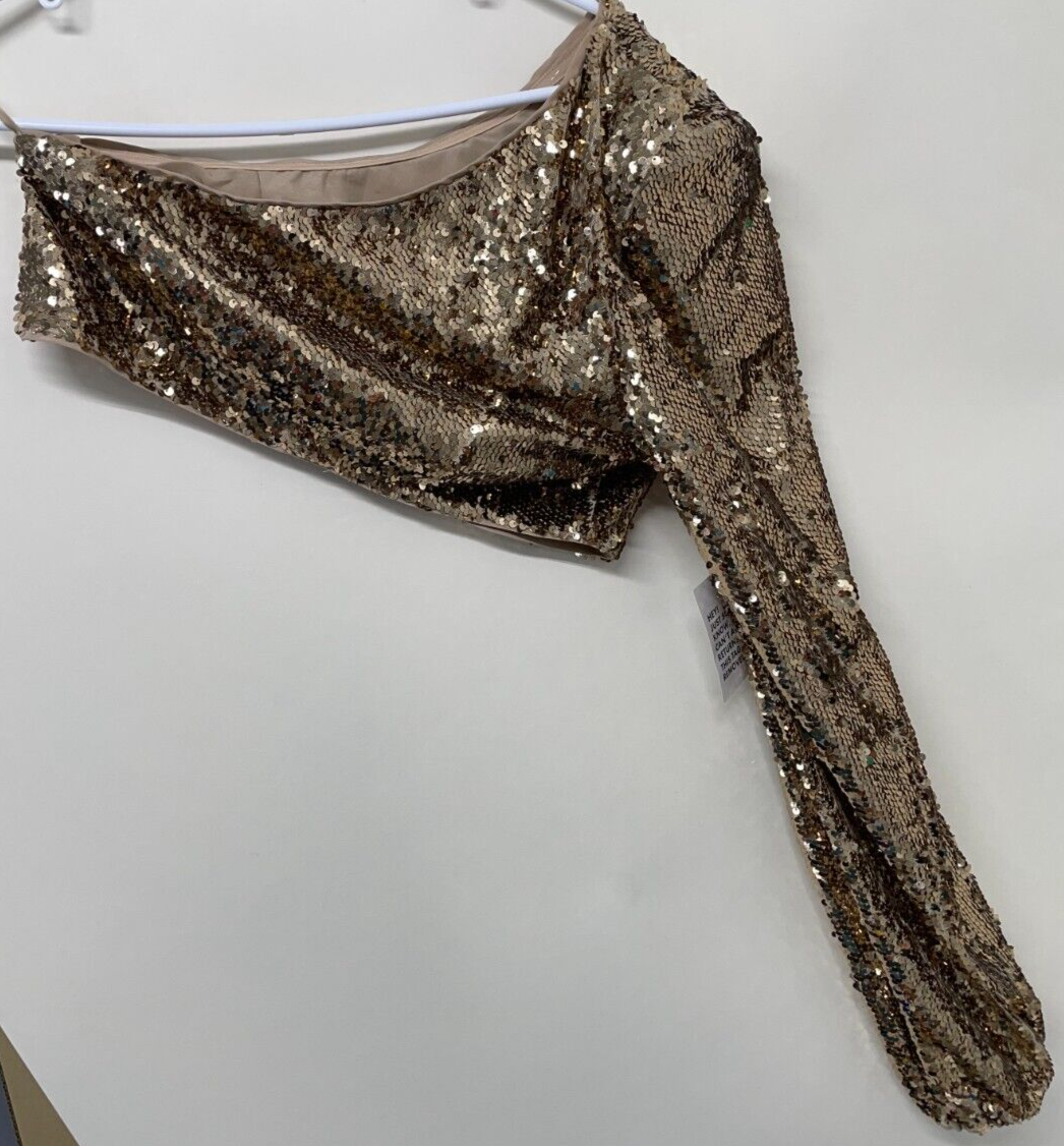 ASOS LUXE Womens 8 Co-ord One Sleeve Sequin Crop Top Gold Regular Fit 120468704